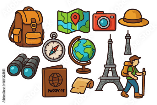 Travel icon set for tourism and adventure. Vector collection of exploration essentials like backpack, map, passport, and compass. World landmarks and hiking gear cartoon style.