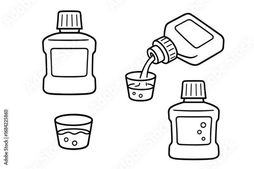 Mouthwash line art icon set. Concept of oral hygiene, dental care, fresh breath. Vector illustration of pouring antiseptic liquid from bottle to cup. Bathroom routine element.