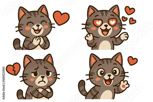 Cute cartoon cat character set expressing emotions. Vector illustration of a kitten mascot feeling happy, sad, in love, and heartbroken. Emoticon sticker pack collection.