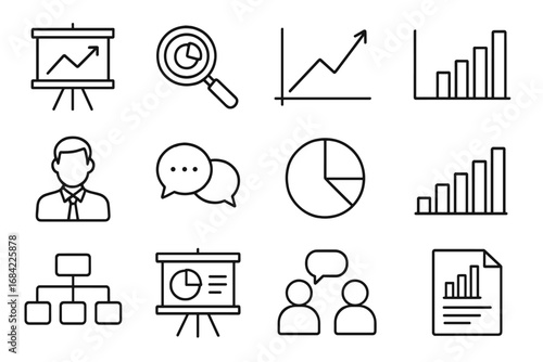 Business analysis and data analytics icon set. Thin line style icons. Chart, graph, presentation, report, diagram, communication symbols for web and mobile app design.