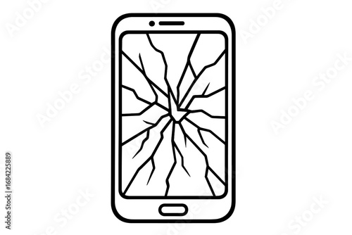 Broken smartphone with cracked screen. Damaged phone display. Cellphone repair service concept. Mobile device accident. Vector outline icon, linear sign for web or apps.