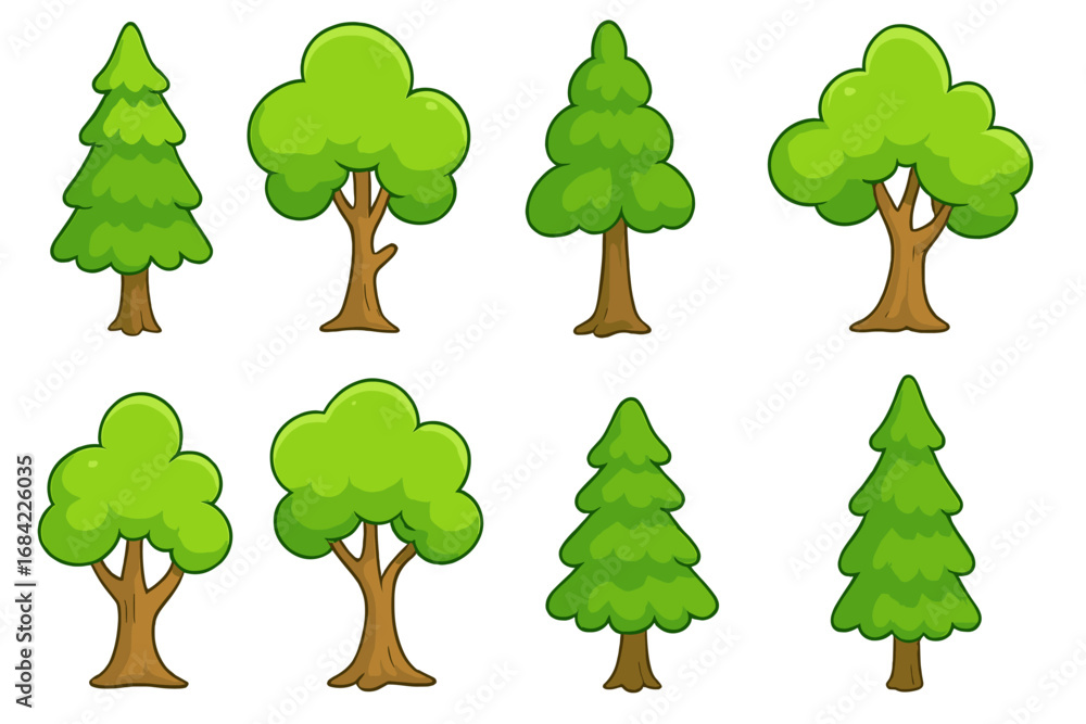 Fototapeta premium Cartoon Trees Vector Set for Forest Design, Isolated Tree Symbols for Websites, Books, Cards, Apps, Vector Illustration with Transparent Background, Ordered Tree Collection for Creative Projects