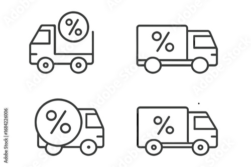 Delivery truck discount icon set. Free shipping, transportation sale and logistics promotion concept. Van with percent sign. Editable stroke outline vector illustration for web.
