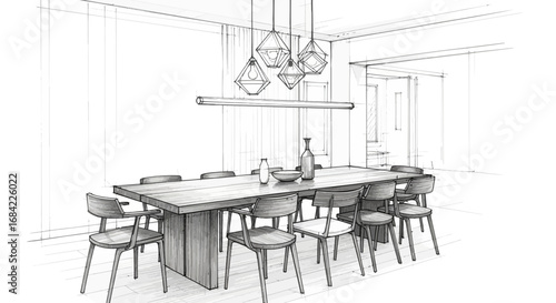Elegant dining area interior sketch showcases minimalist design elements