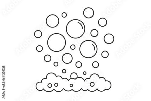 Soap bubbles and foam vector icon set. Thin line art illustration for cleaning or hygiene concepts. Suds, water, liquid, effervescent pop art. Simple cartoon doodle.