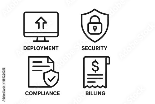 Business enterprise outline icon set. Concepts for IT software management. Deployment, data security, policy compliance, and billing payment icons. Vector pictogram illustration.