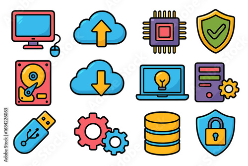 Technology icon set. Colorful cartoon vector illustrations for computing and data storage concepts. Cloud server, database, security, CPU, hardware and network symbols.