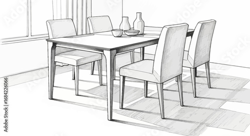 Elegant dining area with modern furniture and minimalist decorative elements