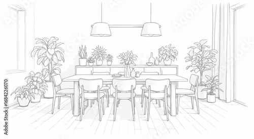 Elegant dining area with botanical accents illustration design concept