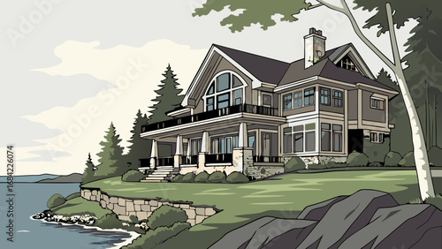 Lakeside House Waterfront Property Luxury Home Architectural Illustration Residential Design Dream House Home Exterior Cottage Cliffside Home Nature Scene Secluded Retreat Peaceful Setting Tranquil V.