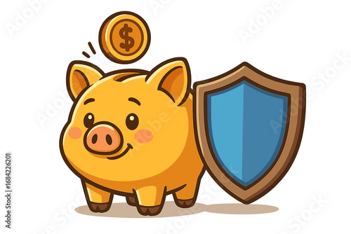 Cute Piggy Bank with Gold Coin and Protective Shield, Financial Security Concept, Cartoon Vector Illustration for Interface, Advertisement, Money Saving, Banking, Insurance