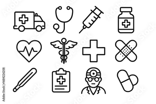 Medicine related outline symbol set with ambulance, stethoscope, syringe, medical cross, heart pulse, doctor, pills, bandage, thermometer and medical clipboard icons for healthcare design