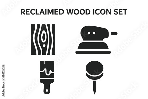 Reclaimed wood icon set with wooden plank, sanding tool, varnish brush, and nail head vector illustration, solid filled reclaimed wood furniture repair and woodworking symbols