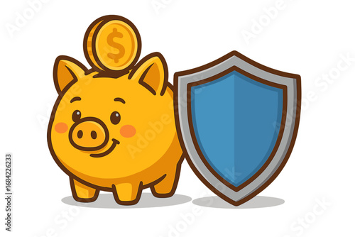 Cute Yellow Piggy Bank with Coin and Protective Shield Vector Cartoon Illustration for Financial Security, Savings, Investment, and Insurance Concepts with Transparent Background