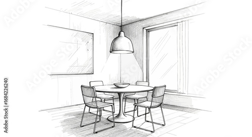 Elegant dining room sketch showing a round table and four chairs