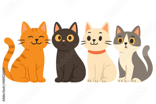 A diverse group of four cute cartoon cats sitting together. A vector flat illustration showcasing different breeds and expressions like happy, sad, and surprised. Pet characters set.