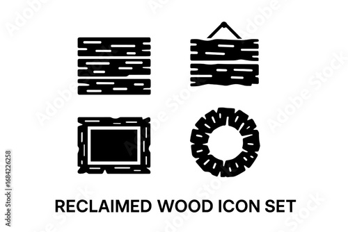 Solid reclaimed wood icon set, vector illustration of wooden wall decor, rustic wall panel, wooden hanging sign, photo frame, decorative circular wreath design on transparent background
