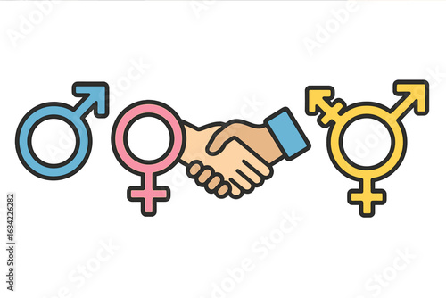 Gender equality concept with male, female, and transgender symbols. Handshake signifies cooperation, diversity, partnership and inclusion. Vector for social issues and human rights.