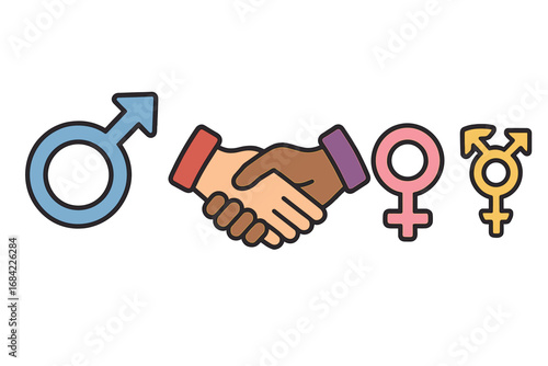 Gender equality, diversity, and inclusion concept. Male, female, and transgender symbols with handshake. Sign of cooperation, partnership, and respect. Vector illustration.