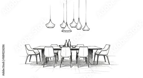 Elegant Dining Room Sketch with Contemporary Furniture and Lighting Design