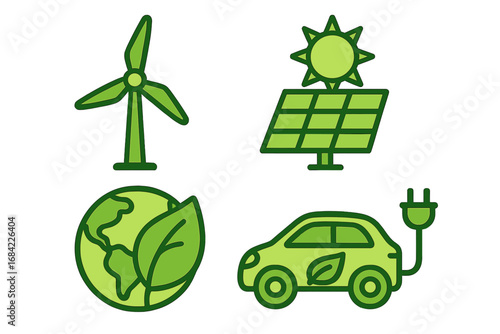 Renewable energy icon set. Green eco concept with wind turbine, solar panel, electric car, and planet earth. Clean power, ecology, and sustainability symbols. Vector illustration.