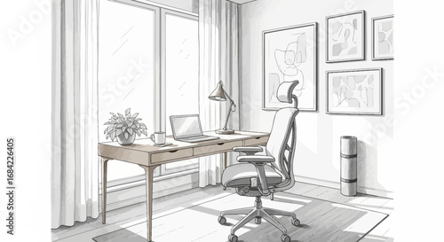 Elegant home office design illustration with minimalist furnishings style