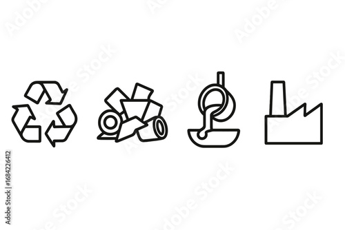 Outline icon set of recycled materials symbols including recyclable ring, metal scraps, melted metal pouring, and industrial factory vector illustration transparent background