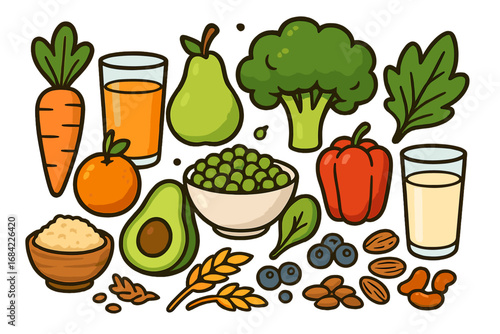 Healthy food set for a plant-based diet. Vegan and vegetarian nutrition concept. Vector cartoon collection of fresh organic fruit, vegetables, nuts, grains, and drinks.
