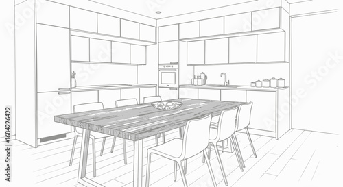 Elegant kitchen and dining area featuring clean lines and minimalistic design