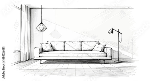 Elegant Interior Sketch of a Modern Living Room with Stylish Furniture