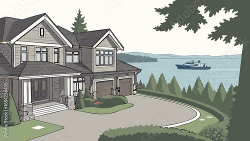 Luxury Waterfront Home with Boat Suburban House Residential Property Illustration.