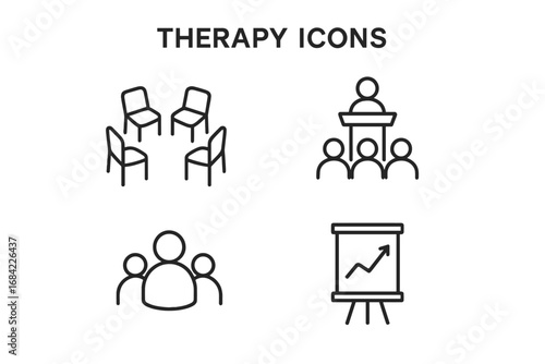 Therapy Icons Grid Set. Outline Vector Icons of Group Therapy Settings with Circle of Chairs, Facilitator Podium, Group Figures, and Flipchart Easel for Mental Health and Counseling