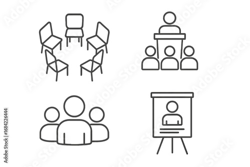 Therapy icons grid outline set of group therapy settings with circle of chairs, facilitator podium, group members, and flipchart easel vector illustration on transparent background