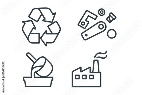 Recycled Materials Icon Set, Outline Vector Illustration of Recycled Symbol, Metal Scraps, Melted Metal Pouring, Industrial Factory, Sustainable Recycling Concepts