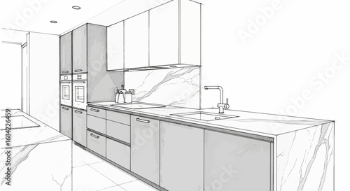 Elegant kitchen interior design rendering with marble accents and modern style