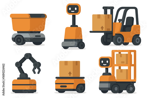 Set of warehouse automation robots. Vector icons for delivery, logistics, and storage. Automated Guided Vehicle (AGV), forklift, robotic arm. Future factory technology concept.