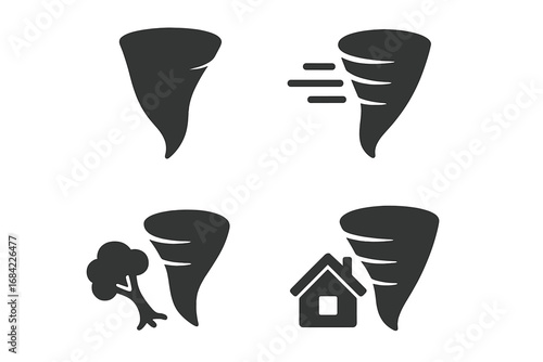 Tornado icon set solid glyph. Cyclone, hurricane, storm, twister symbol. Weather disaster concept. Funnel cloud, spinning wind, damaged house, uprooted tree. Vector.