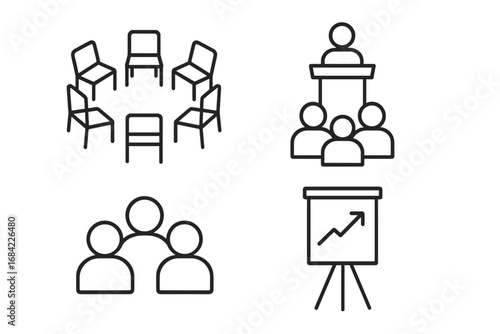 Therapy Icons Grid Outline Set with Group Therapy Circle of Chairs, Facilitator Podium, Group People Icon, Flipchart Easel, Mental Health Counseling Vector Illustration