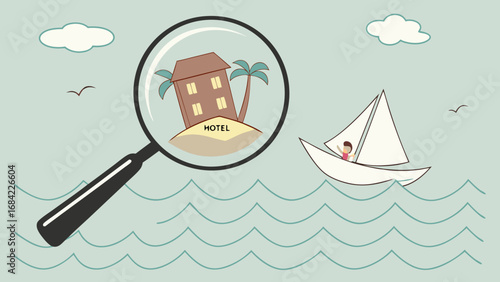 Magnifying glass focusing on a tropical hotel seen from a sailboat on the ocean.