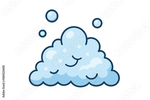 Cute soap foam character with bubbles. Suds mascot for cleaning service or laundry. Happy lather cloud vector illustration. Concept of washing, hygiene and bathroom fun.