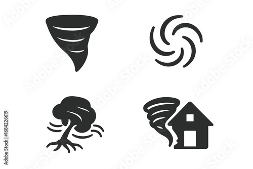 Tornado solid icon set. Cyclone, hurricane, and storm vector symbols. Weather disaster concept with funnel cloud, spinning wind, uprooted tree, and damaged house illustration.