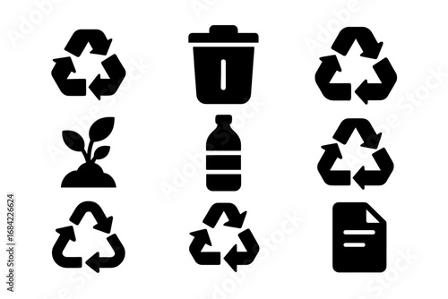 Recycling icons grid, solid filled vector set with recycling arrows, trash bin, compost plant, plastic bottle, paper sheet, environmentally friendly waste management symbols on transparent background