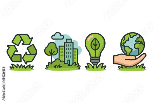 Ecology icon set for environmental awareness and sustainability. Vector illustration of recycling, green city, eco energy lightbulb, and earth conservation concept.