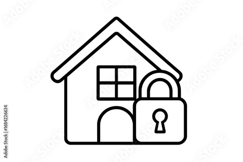 Home security concept with a house and lock icon. Property protection and safety symbol. Real estate insurance and private property vector outline illustration for web and apps.