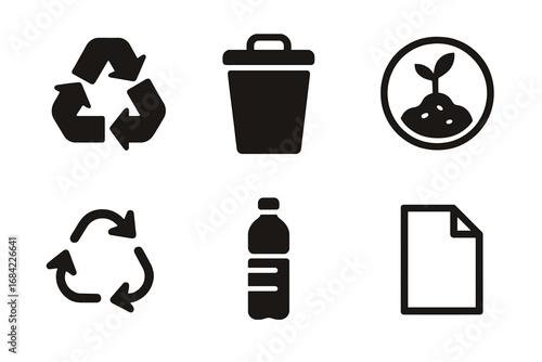 Solid filled recycling icons grid with arrows, trash bin, compost, plastic bottle, and paper symbols, eco-friendly waste management, sustainability and environmental care vector illustration