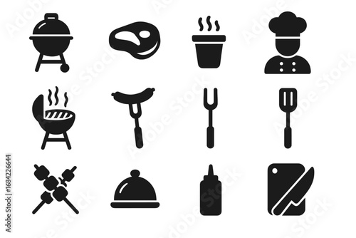 Barbecue and grilling solid icon set. BBQ party elements collection with grill, steak, sausage, kebab, chef and cooking tools. Vector silhouette pictogram for web and mobile.