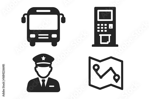 Solid filled transport icons set with public transportation elements including city bus, ticket machine, bus driver, and route map vector illustration on transparent background