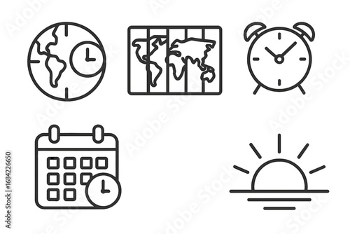 Time zone icons set. Outline vector collection of world clock, timezone map, alarm clock, calendar with time zones, sunrise symbol, global time management concepts
