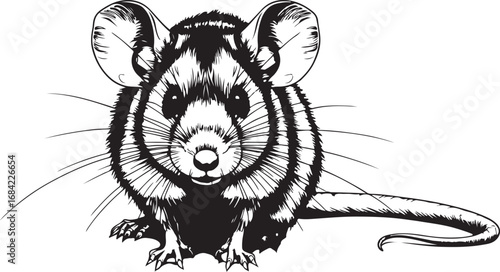 Detailed Black and White Illustration of a Curious Mouse Rodent with Intricate Whisker Details and Expressive Eyes