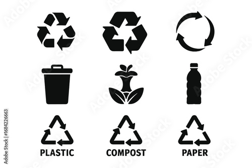 Recycling Icons Grid with Solid Filled Symbols of Eco Arrows, Trash Bin, Compost, Plastic Bottle, and Paper Recycling Symbols, Vector Illustration on Transparent Background